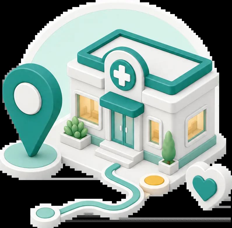 A clinic building with a location pin, as a patient finds it in search