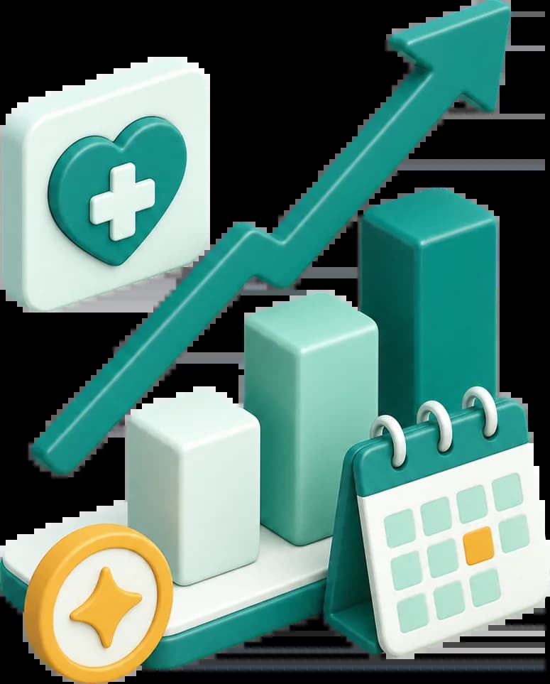 Rising chart and calendar, showing a clinic growing its bookings