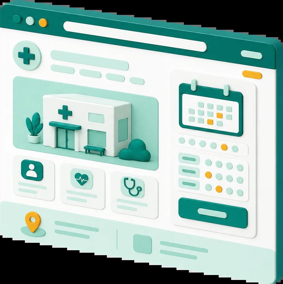 A clinic website with its services and booking page open in a browser